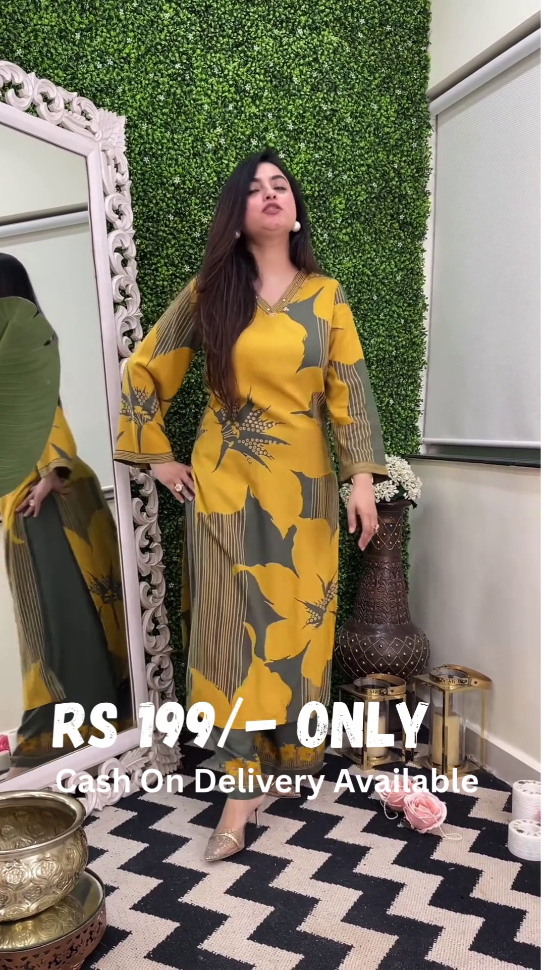 Floral Print Olive Green and Mustard Yellow Kurti