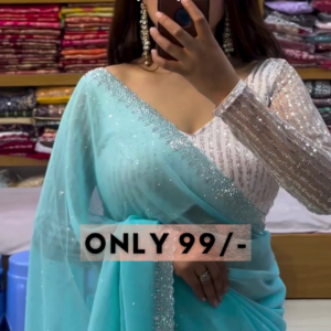 Aquamarine Glitz: Sequined Blouse & Georgette Saree Set