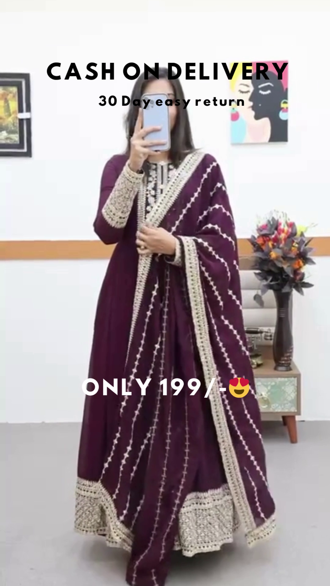 Deep Plum Radiance: Elegant Embroidered Anarkali Tunic & Dupatta Set - Image 2