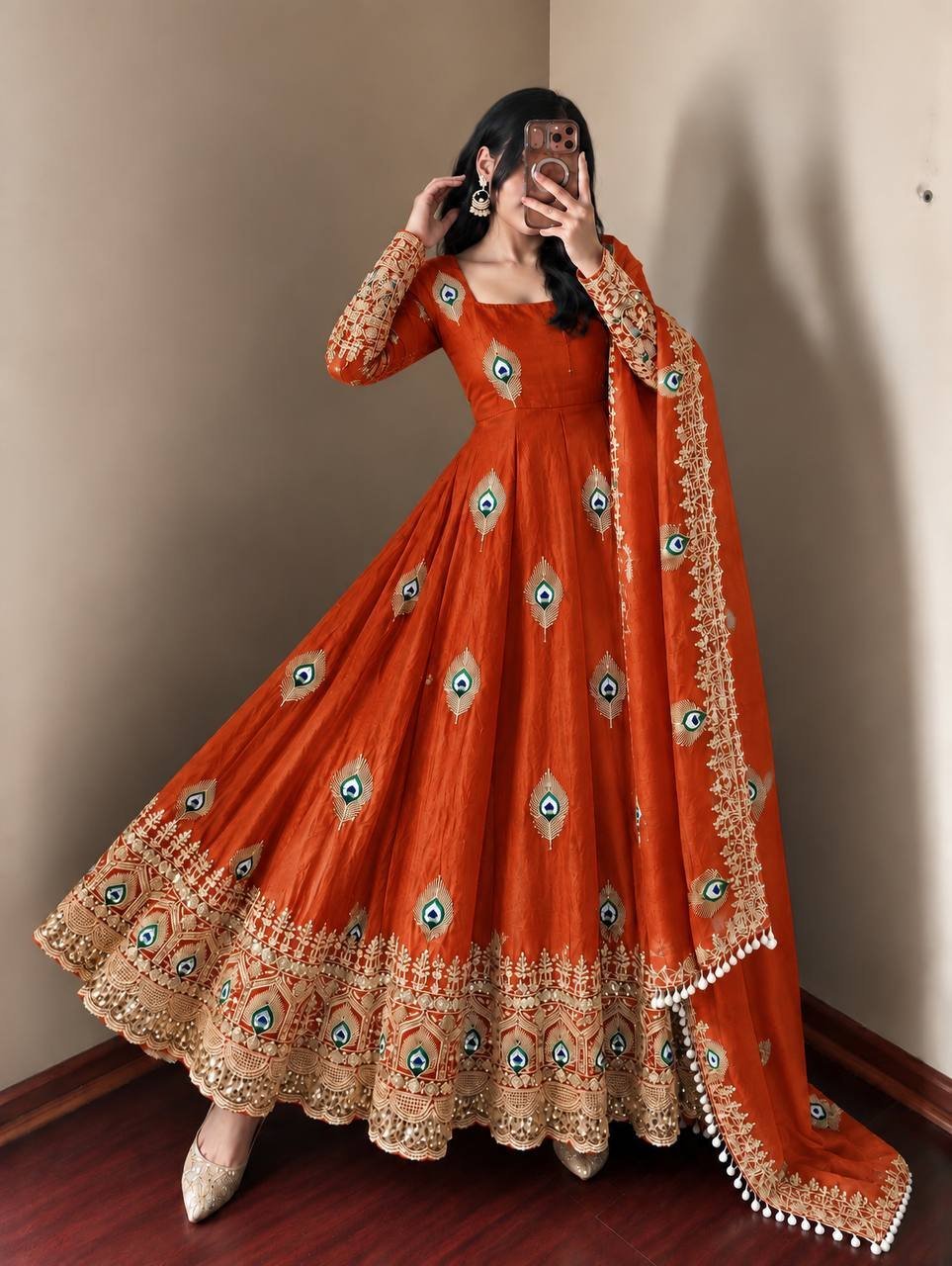 Royal Rust Peacock Anarkali Suit Set with Embroidered Dupatta
