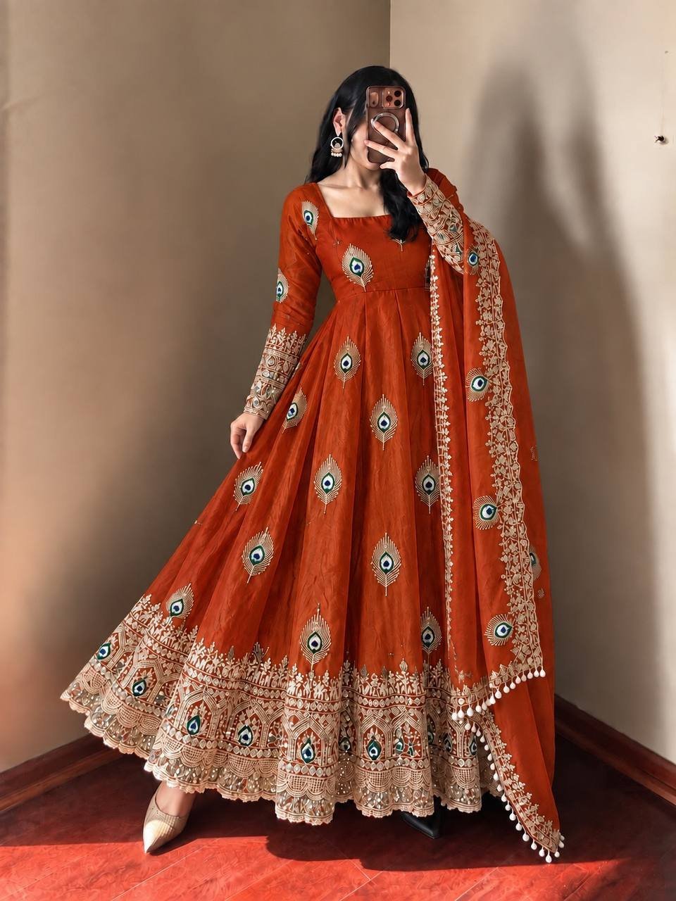Royal Rust Peacock Anarkali Suit Set with Embroidered Dupatta - Image 2