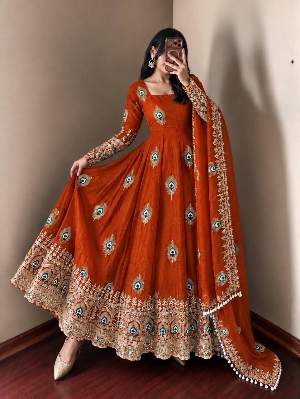 Royal Rust Peacock Anarkali Suit Set with Embroidered Dupatta - Image 5