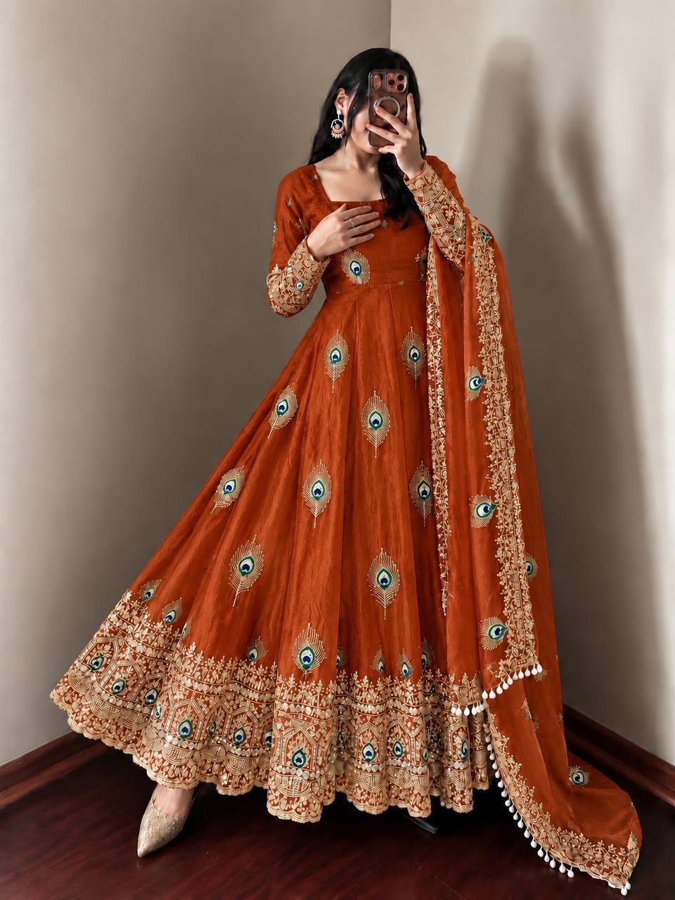Royal Rust Peacock Anarkali Suit Set with Embroidered Dupatta - Image 4