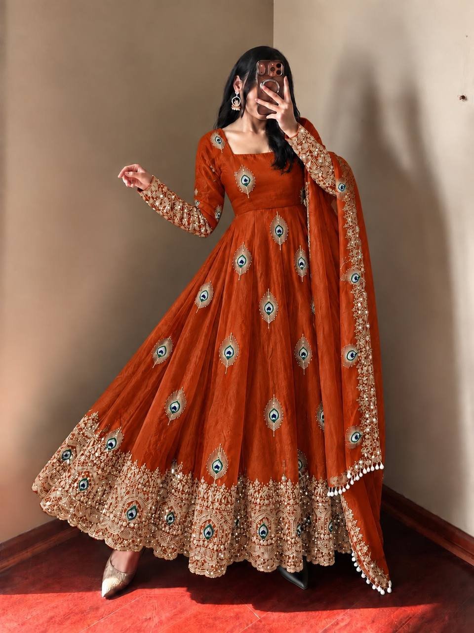 Royal Rust Peacock Anarkali Suit Set with Embroidered Dupatta - Image 3