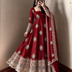 Royal Crimson Red Peacock Anarkali Suit Set with Embroidered Dupatta