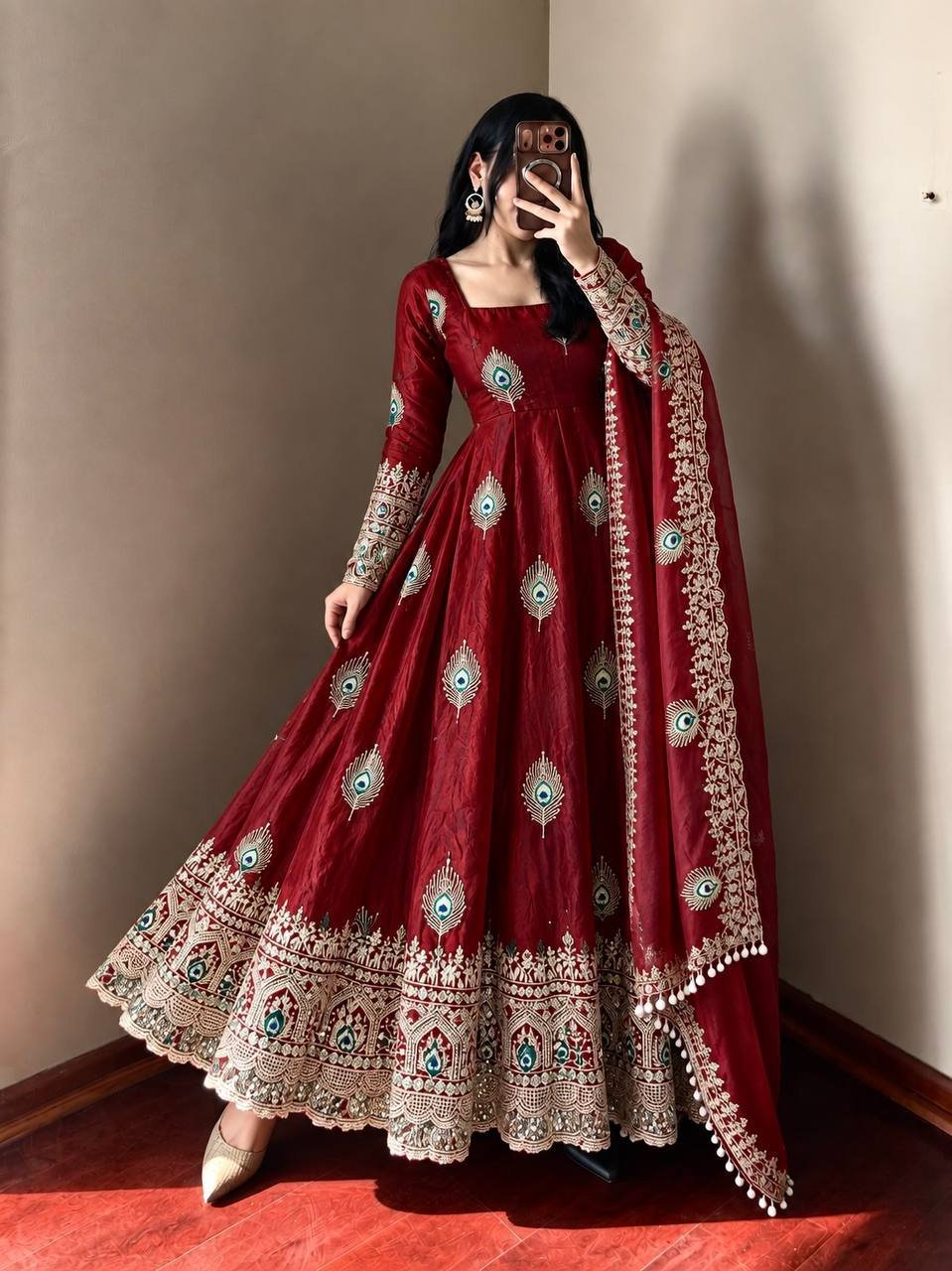 Royal Crimson Red Peacock Anarkali Suit Set with Embroidered Dupatta