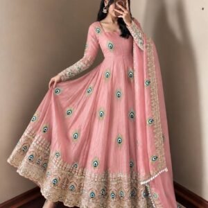 Royal Soft Pink Peacock Anarkali Suit Set with Embroidered Dupatta