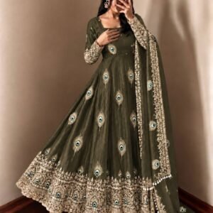 Regal Olive Green Peacock Anarkali Suit Set with Embroidered Dupatta