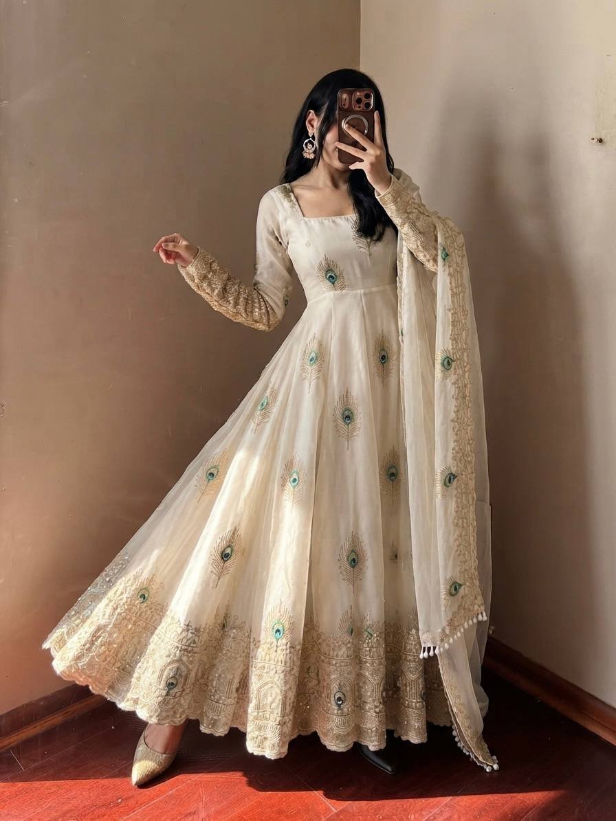 Pristine Off-White Peacock Anarkali Suit Set with Embroidered Dupatta